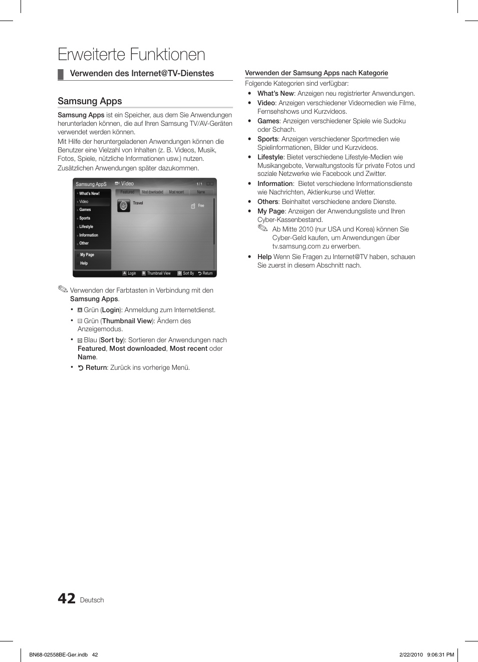Erweiterte funktionen, Samsung apps, Verwenden des internet@tv-dienstes | Samsung LE46C653M2W User Manual | Page 96 / 217