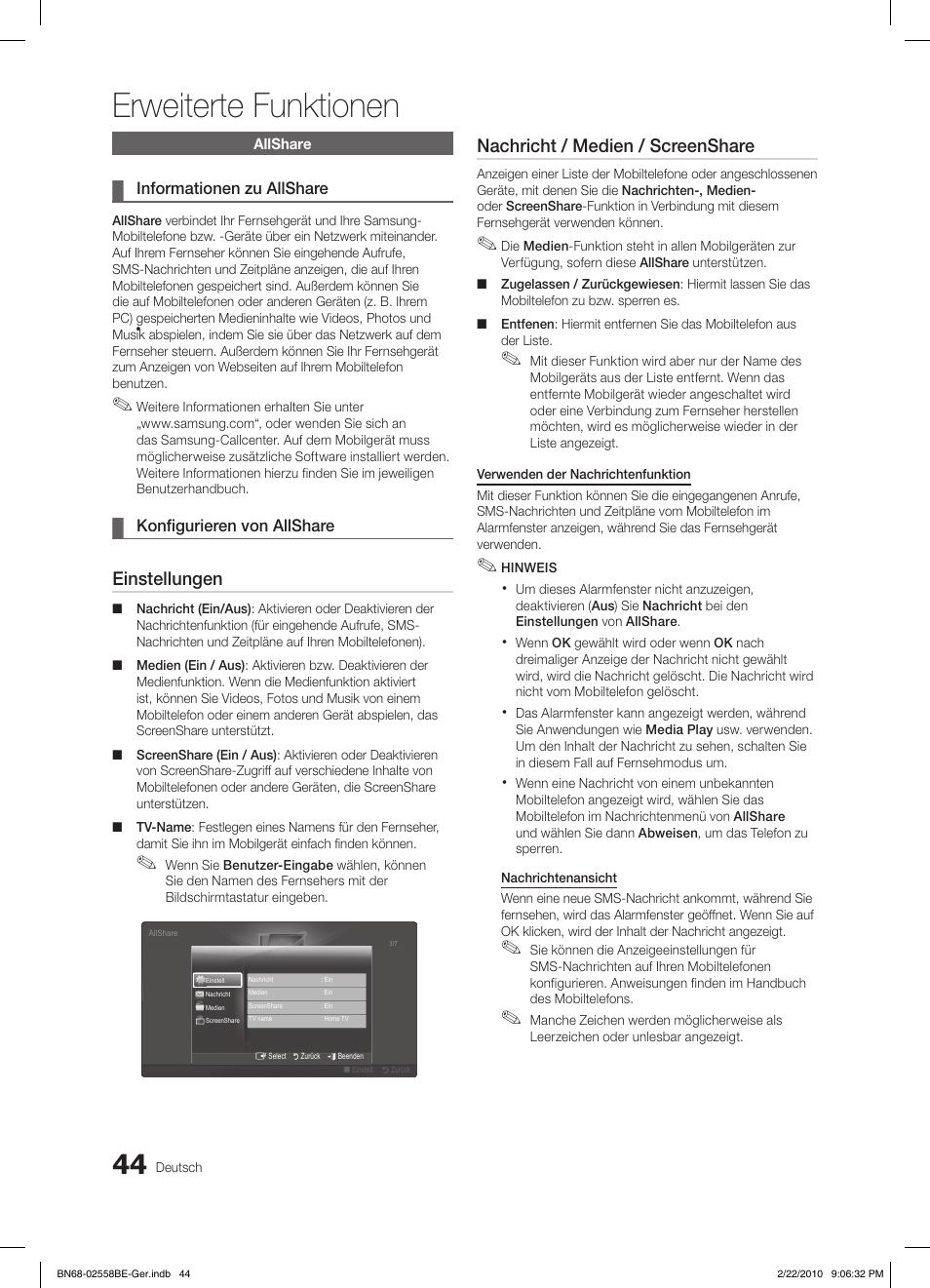 Erweiterte funktionen, Einstellungen, Nachricht / medien / screenshare | Samsung LE46C653M2W User Manual | Page 98 / 217