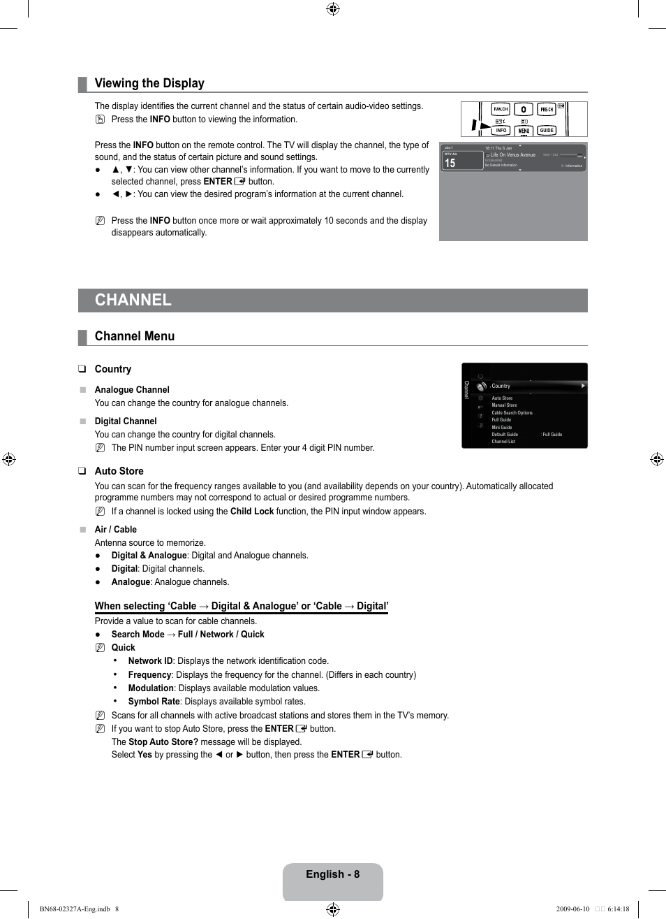 Viewing the display, Channel, Channel menu | Samsung LE40B750U1P User Manual | Page 10 / 302