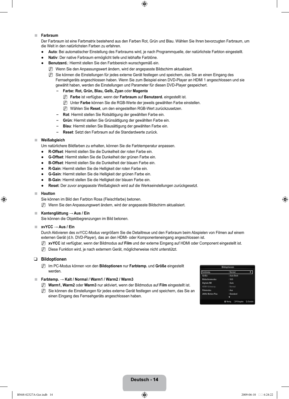 Deutsch - 14 14, Bildoptionen | Samsung LE40B750U1P User Manual | Page 100 / 302