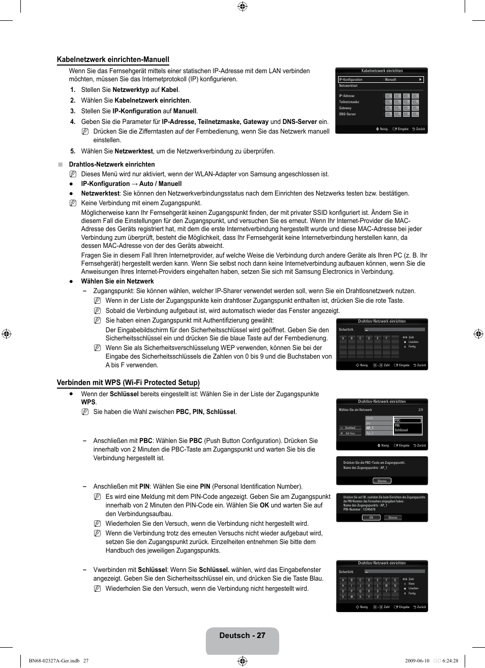 Deutsch - 27 27 kabelnetzwerk einrichten-manuell, Verbinden mit wps (wi-fi protected setup) | Samsung LE40B750U1P User Manual | Page 113 / 302