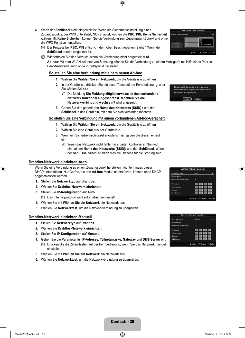 Deutsch - 28 28, Drahtlos-netzwerk einrichten-auto, Drahtlos-netzwerk einrichten-manuell | Samsung LE40B750U1P User Manual | Page 114 / 302