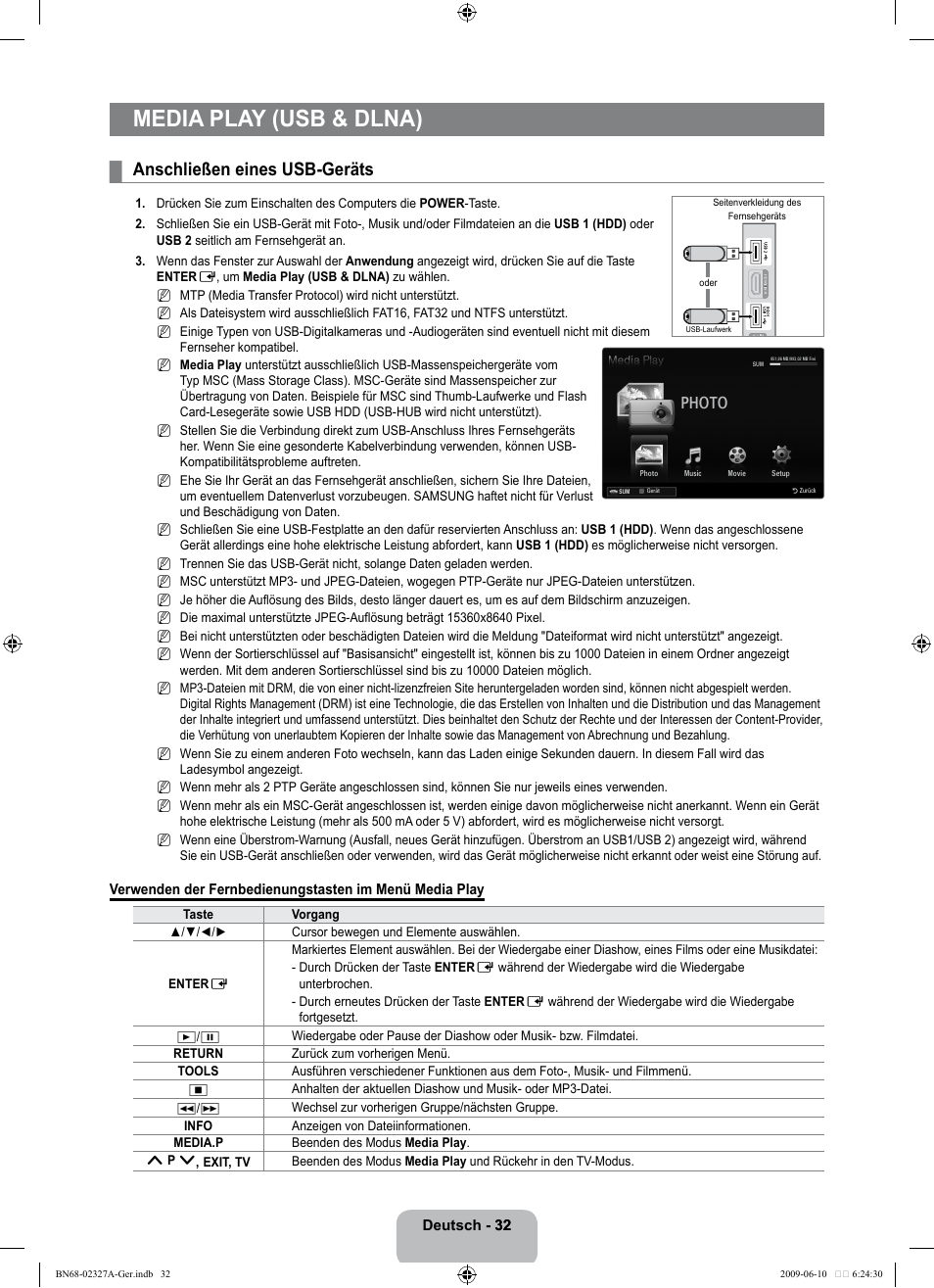 Media play (usb & dlna), Anschließen eines usb-geräts, Photo | Samsung LE40B750U1P User Manual | Page 118 / 302