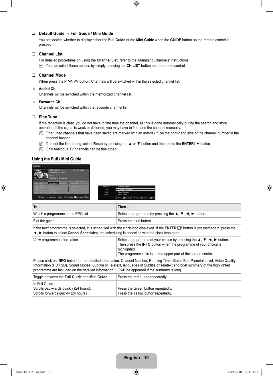 Channel list, Channel mode, Fine tune | Using the full / mini guide | Samsung LE40B750U1P User Manual | Page 12 / 302