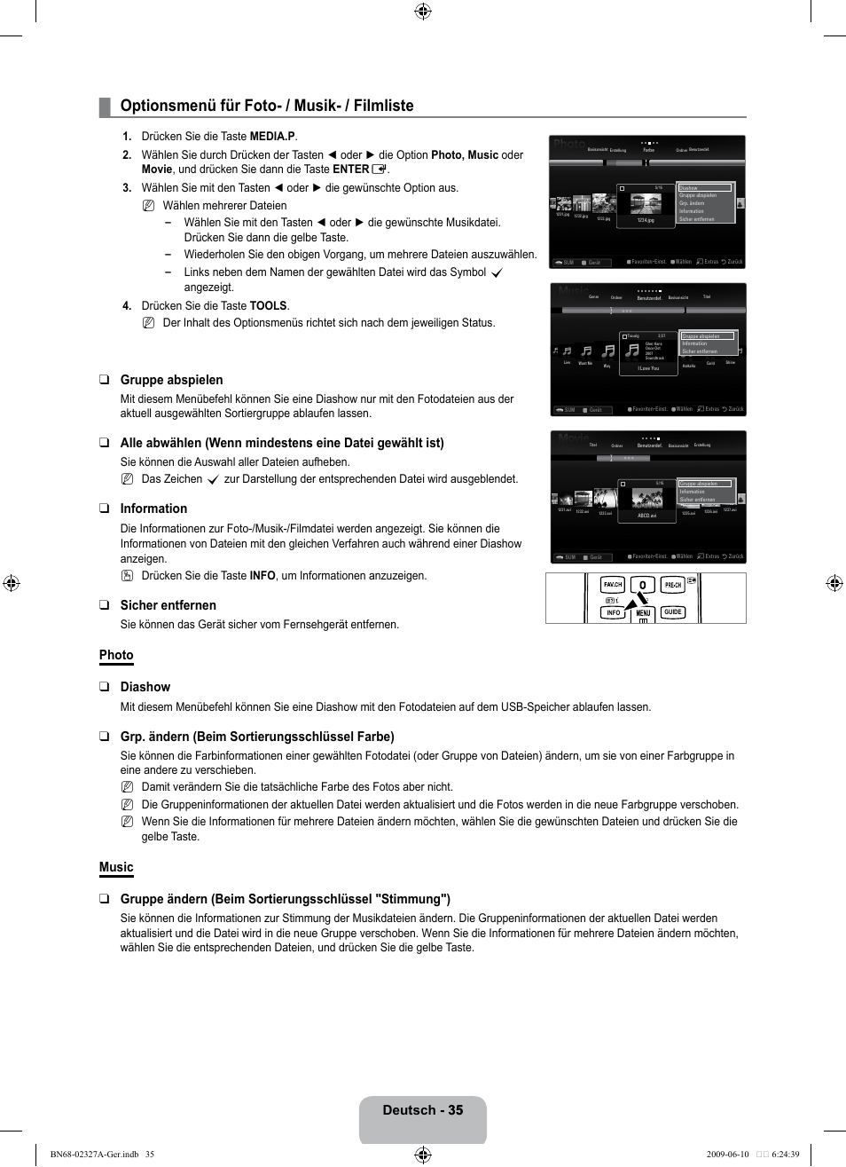 Optionsmenü für foto- / musik- / filmliste, Deutsch - 35 35, Gruppe abspielen | Information, Sicher entfernen, Photo diashow, Grp. ändern (beim sortierungsschlüssel farbe), N   n, N n n | Samsung LE40B750U1P User Manual | Page 121 / 302
