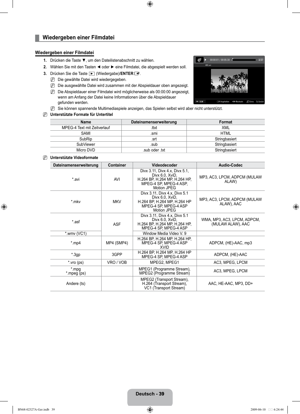 Wiedergeben einer filmdatei | Samsung LE40B750U1P User Manual | Page 125 / 302