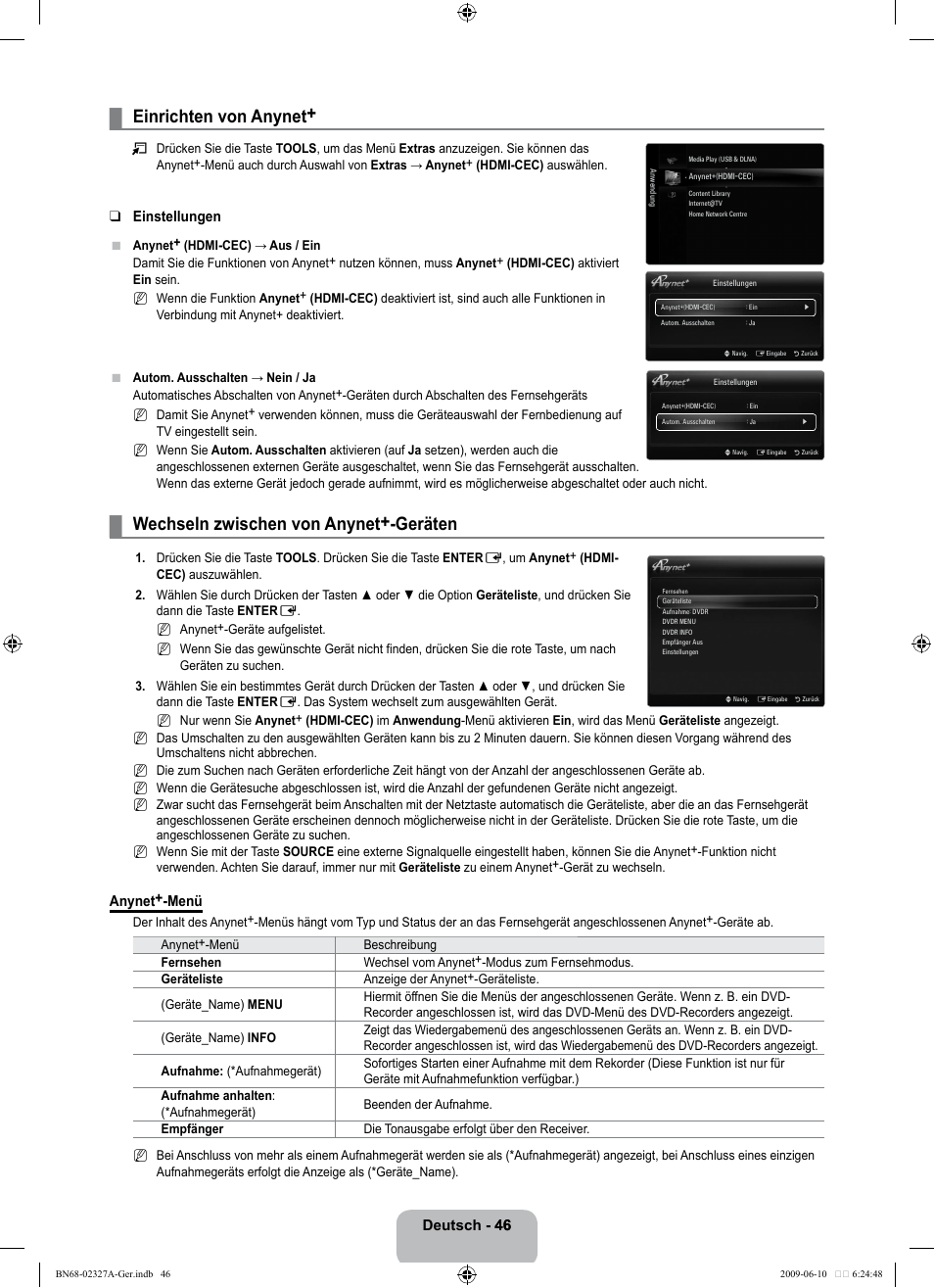 Einrichten von anynet, Wechseln zwischen von anynet+-geräten | Samsung LE40B750U1P User Manual | Page 132 / 302
