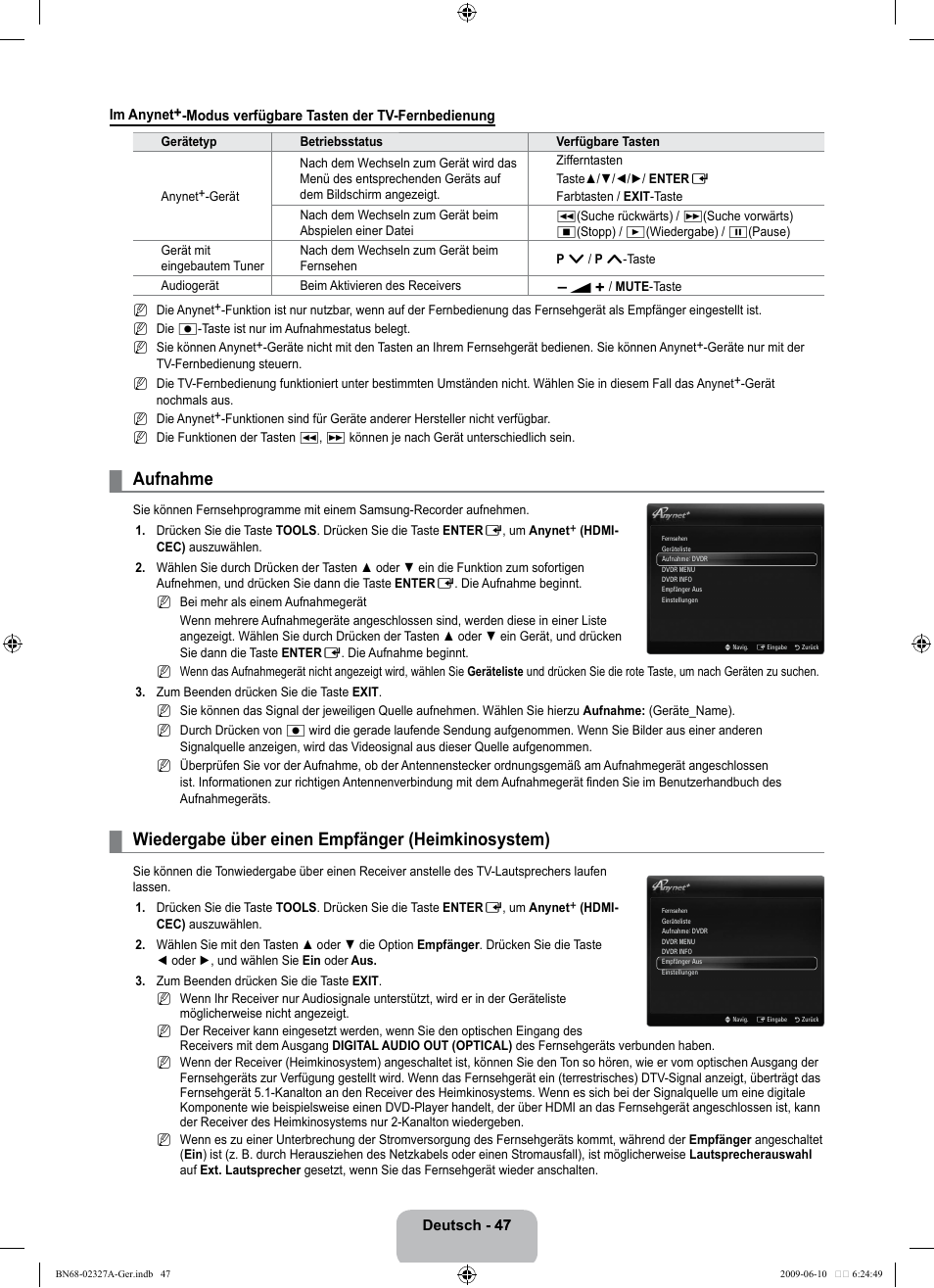 Aufnahme, Wiedergabe über einen empfänger (heimkinosystem) | Samsung LE40B750U1P User Manual | Page 133 / 302