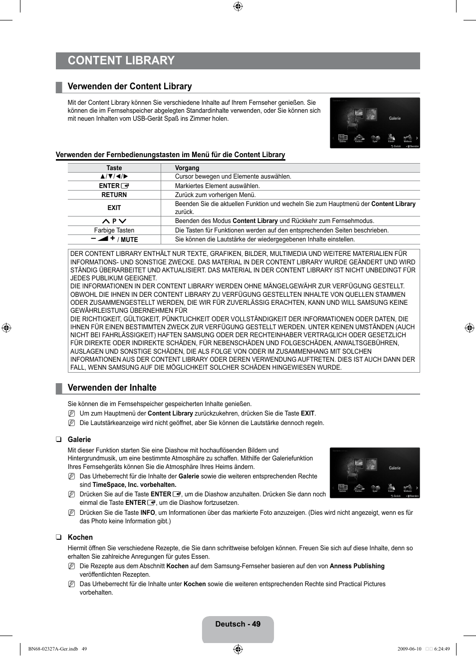 Content library, Verwenden der content library, Verwenden der inhalte | Samsung LE40B750U1P User Manual | Page 135 / 302