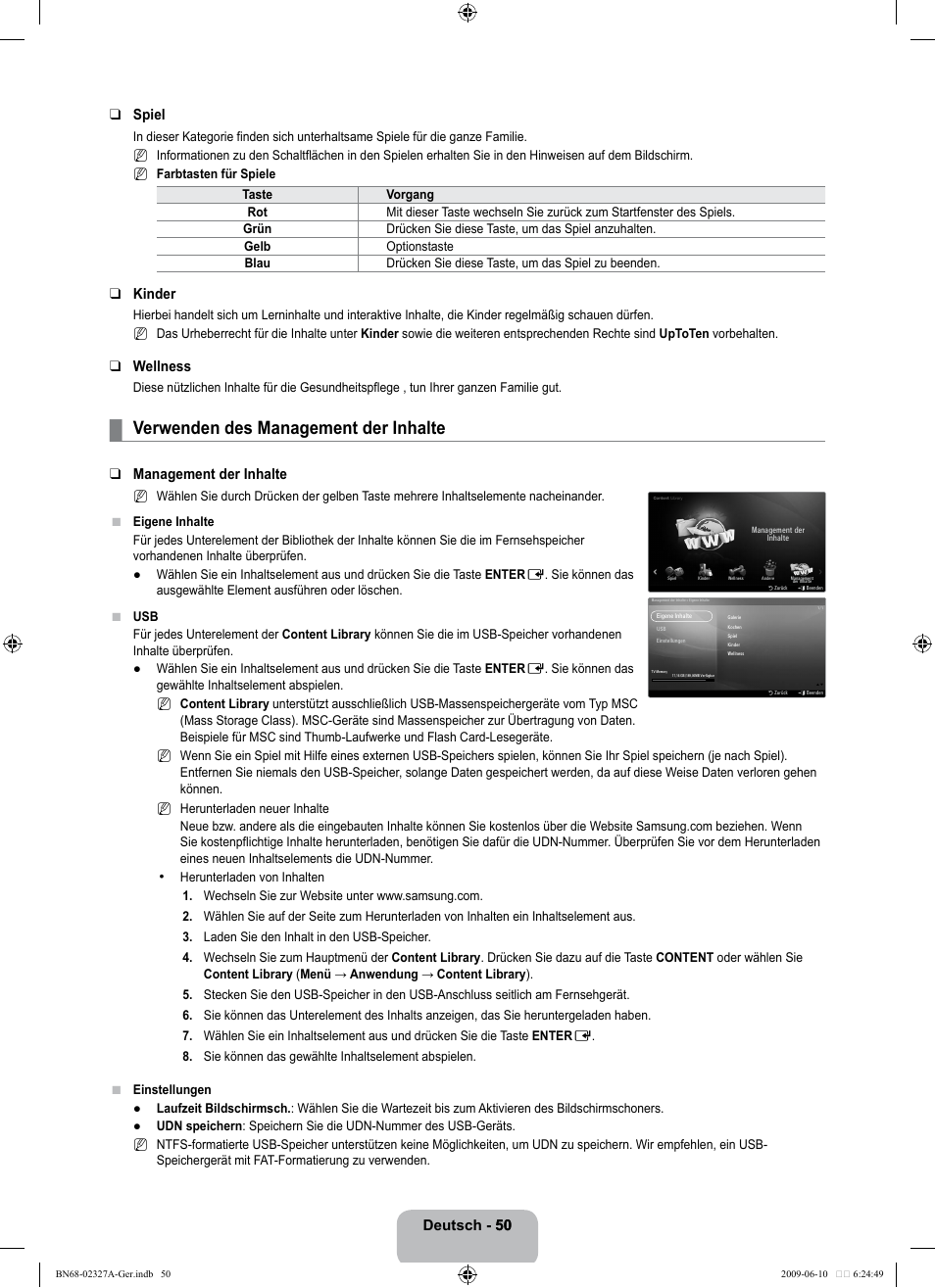 Verwenden des management der inhalte, Deutsch - 50 50 spiel, Kinder | Wellness, Management der inhalte | Samsung LE40B750U1P User Manual | Page 136 / 302