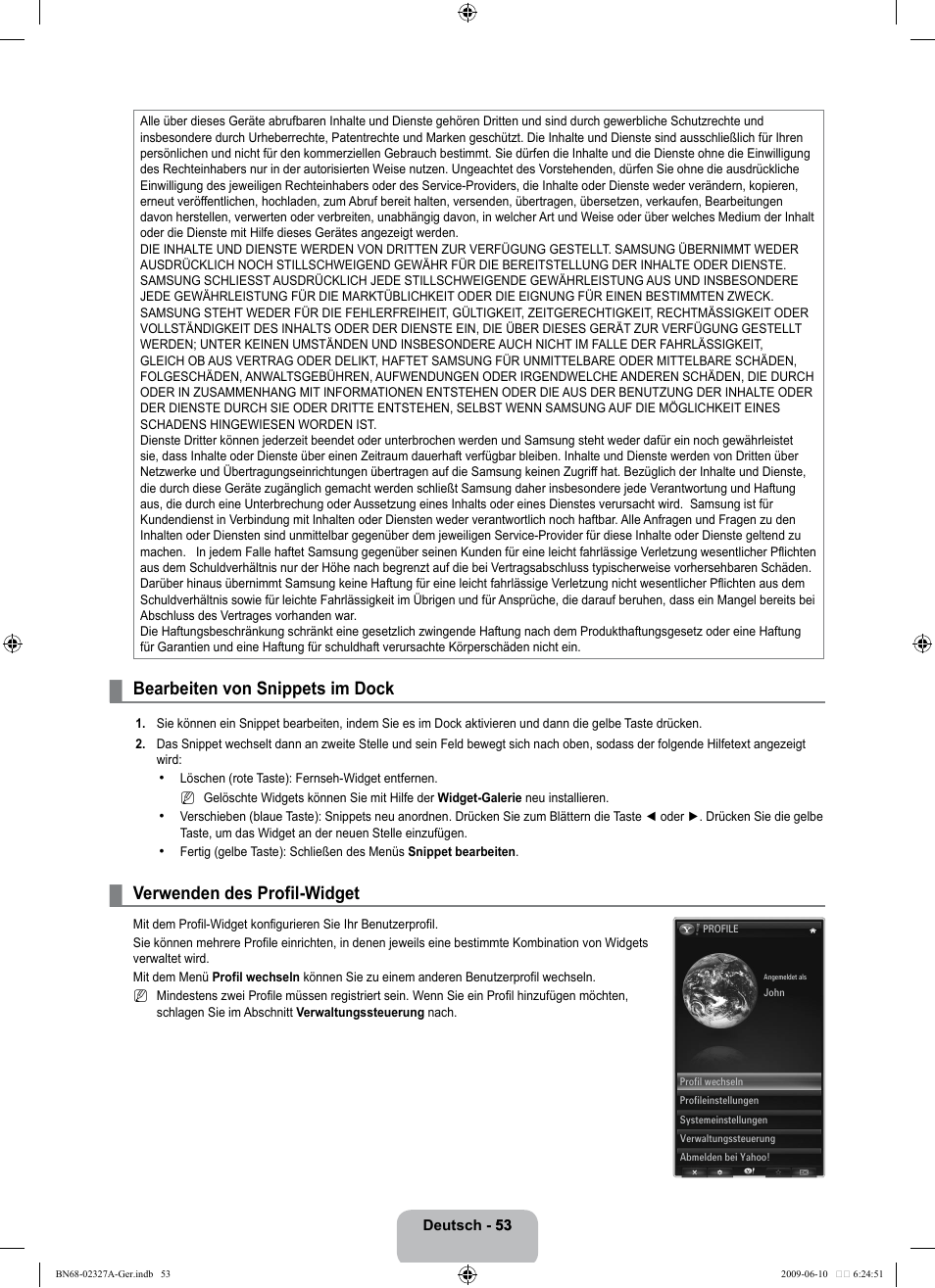 Bearbeiten von snippets im dock, Verwenden des profil-widget | Samsung LE40B750U1P User Manual | Page 139 / 302
