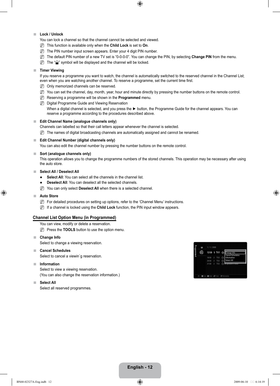 English - 12, Channel list option menu (in programmed) | Samsung LE40B750U1P User Manual | Page 14 / 302