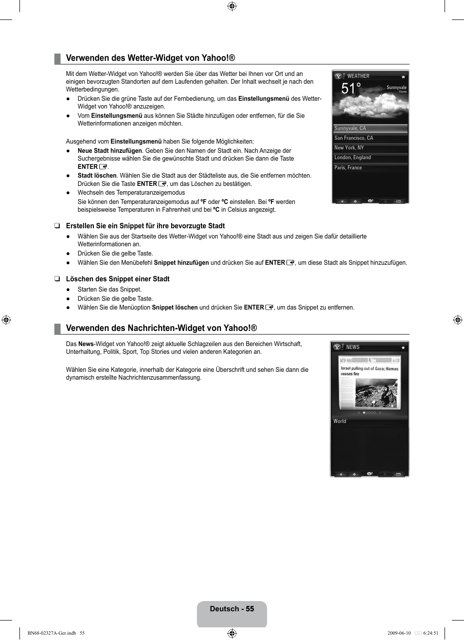 Verwenden des wetter-widget von yahoo, Verwenden des nachrichten-widget von yahoo | Samsung LE40B750U1P User Manual | Page 141 / 302