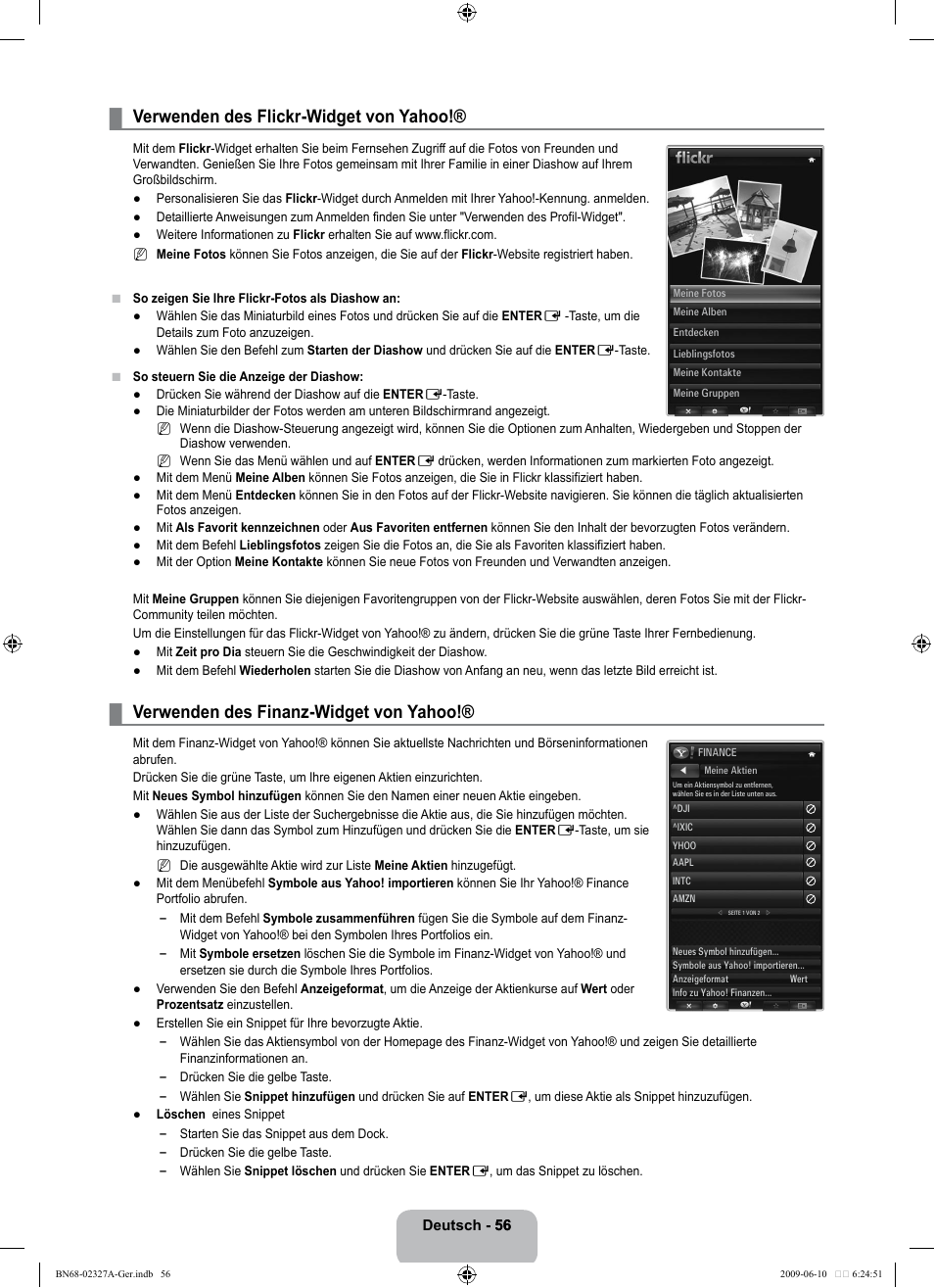 Verwenden des flickr-widget von yahoo, Verwenden des finanz-widget von yahoo | Samsung LE40B750U1P User Manual | Page 142 / 302