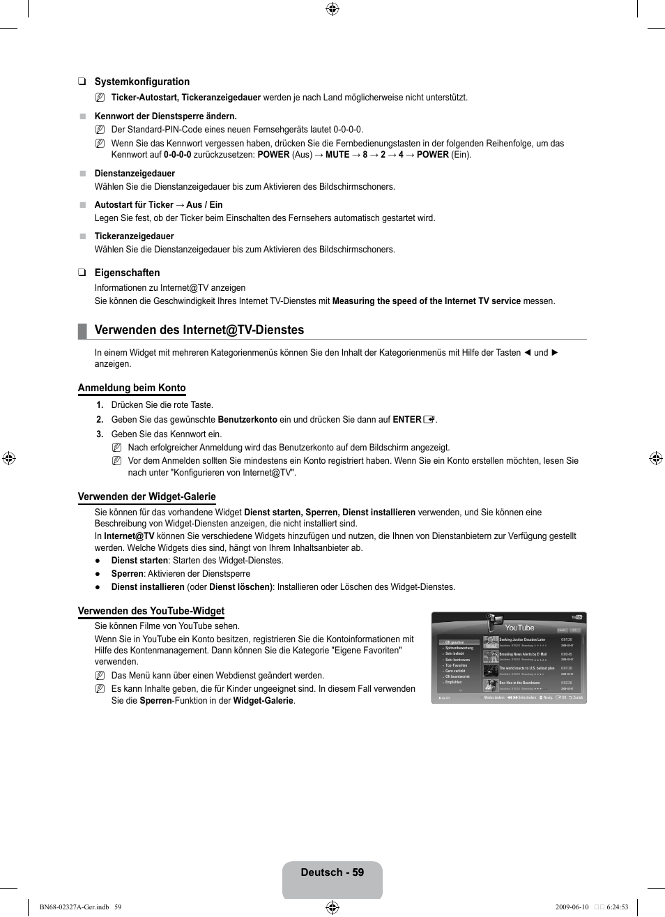 Verwenden des internet@tv-dienstes, Deutsch - 59 59 systemkonfiguration, Eigenschaften | Anmeldung beim konto, Verwenden der widget-galerie, Verwenden des youtube-widget | Samsung LE40B750U1P User Manual | Page 145 / 302