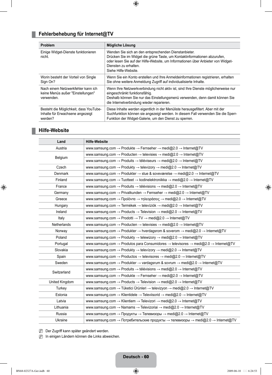 Fehlerbehebung für internet@tv, Hilfe-website | Samsung LE40B750U1P User Manual | Page 146 / 302