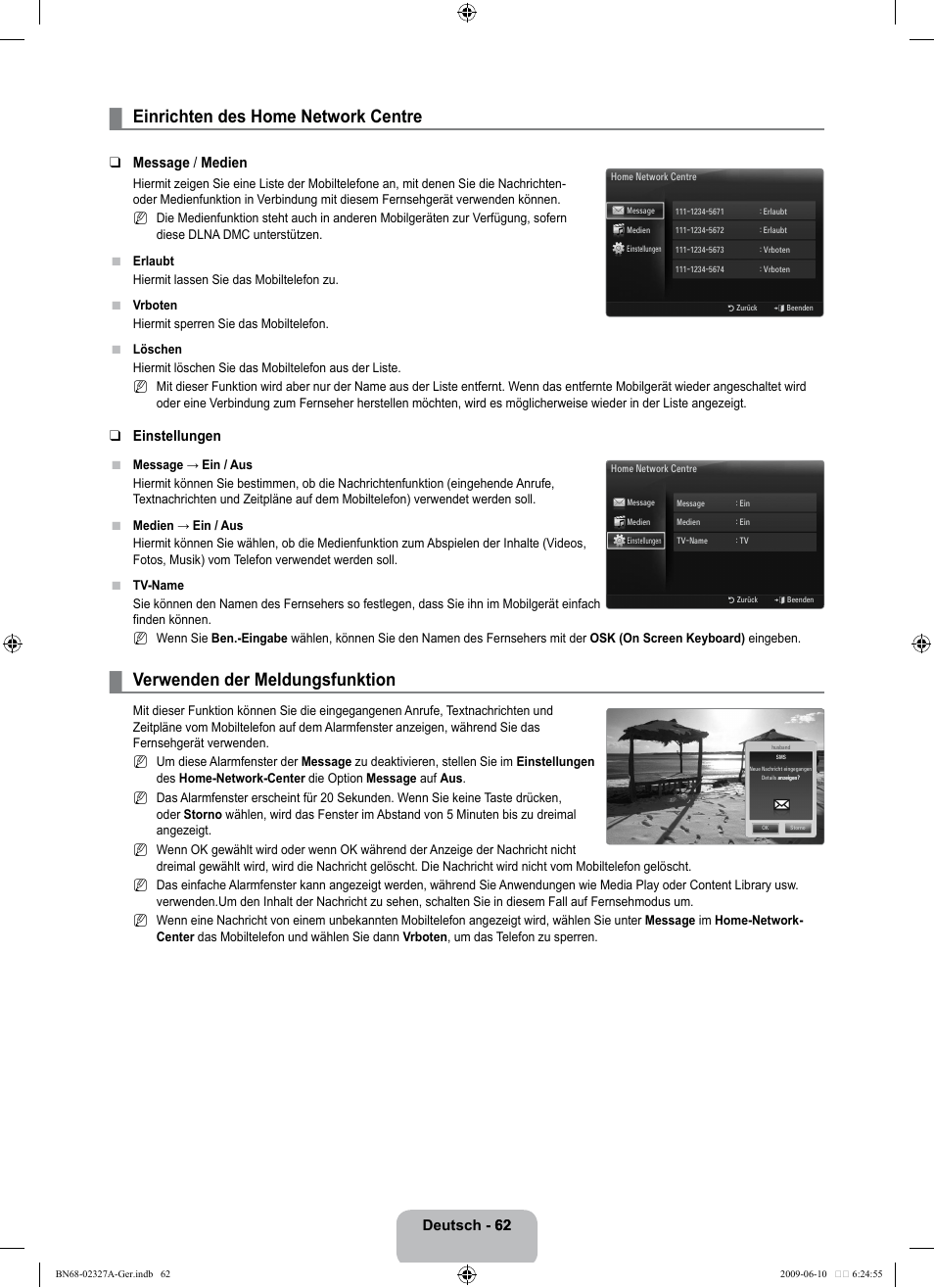 Einrichten des home network centre, Verwenden der meldungsfunktion, Deutsch - 62 62 | Message / medien, Einstellungen | Samsung LE40B750U1P User Manual | Page 148 / 302