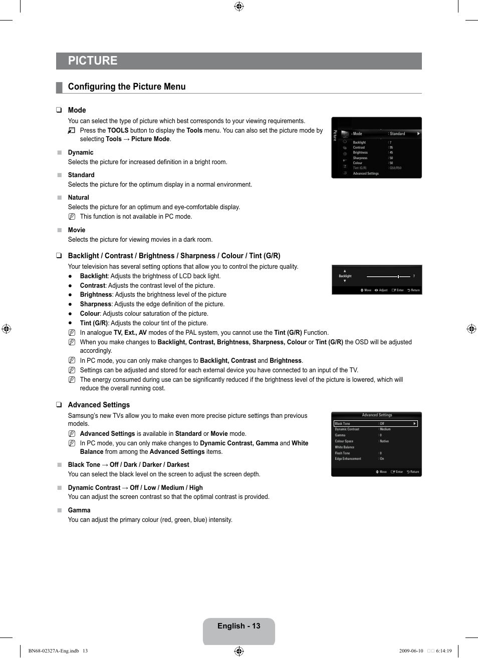 Picture, Configuring the picture menu, English - 13 | Mode, Advanced settings | Samsung LE40B750U1P User Manual | Page 15 / 302