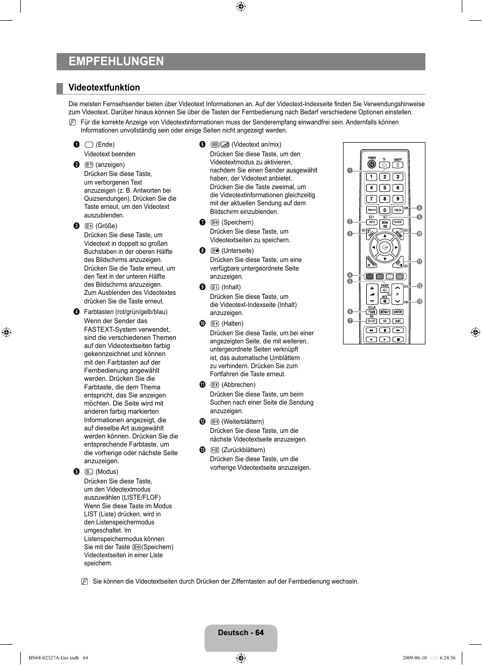 Empfehlungen, Videotextfunktion | Samsung LE40B750U1P User Manual | Page 150 / 302