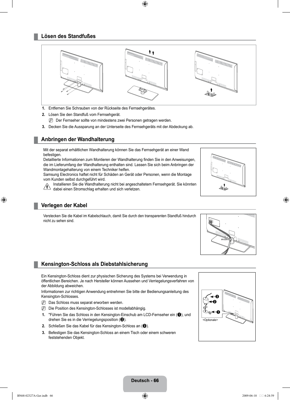 Lösen des standfußes, Anbringen der wandhalterung, Verlegen der kabel | Kensington-schloss als diebstahlsicherung | Samsung LE40B750U1P User Manual | Page 152 / 302