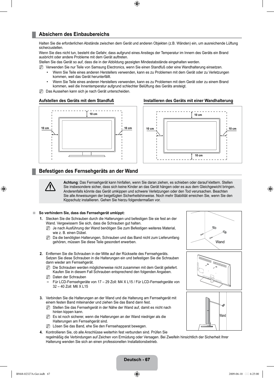 Absichern des einbaubereichs, Befestigen des fernsehgeräts an der wand | Samsung LE40B750U1P User Manual | Page 153 / 302