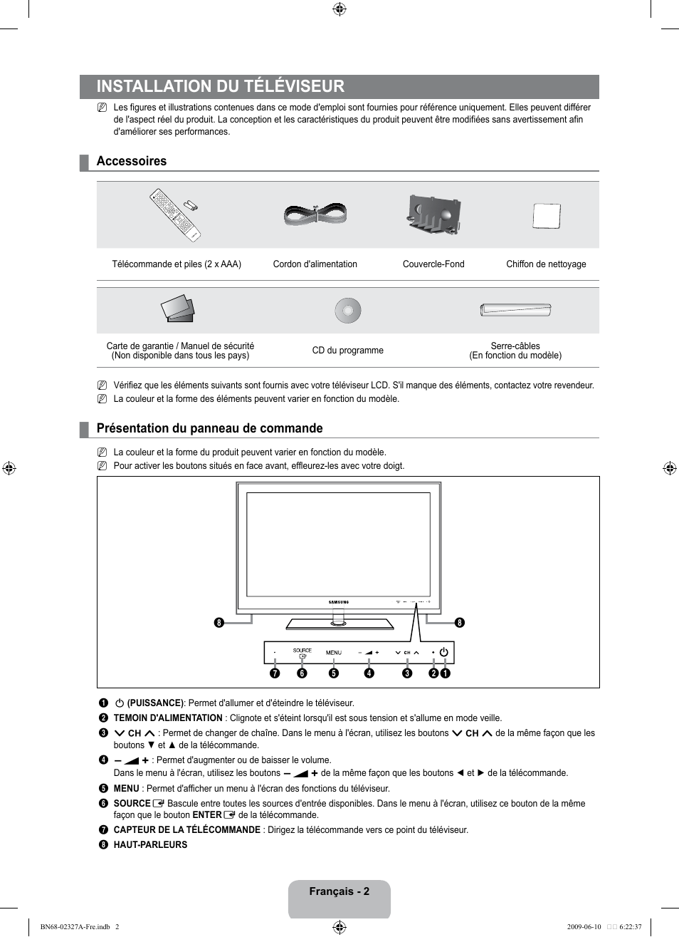 Installation du téléviseur, Accessoires, Présentation du panneau de commande | Samsung LE40B750U1P User Manual | Page 158 / 302