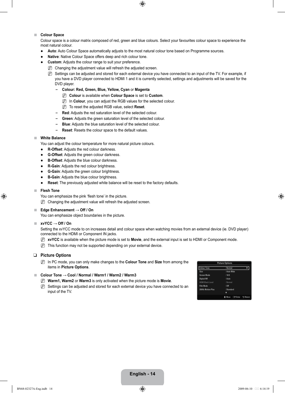 English - 14, Picture options | Samsung LE40B750U1P User Manual | Page 16 / 302