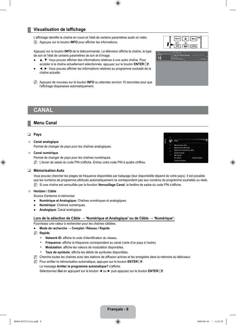 Canal, Visualisation de laffichage, Menu canal | Samsung LE40B750U1P User Manual | Page 164 / 302