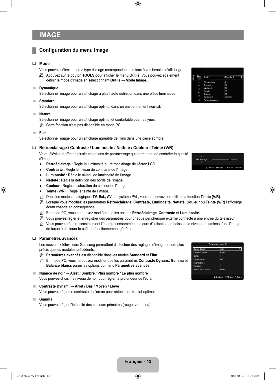 Image, Configuration du menu image, Français - 13 | Mode, Paramètres avancés | Samsung LE40B750U1P User Manual | Page 169 / 302