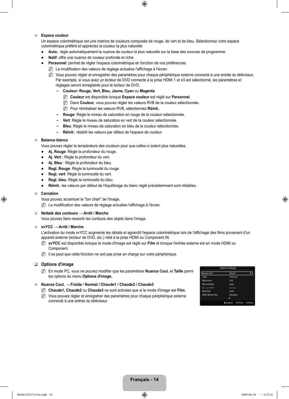 Français - 14, Options d'image | Samsung LE40B750U1P User Manual | Page 170 / 302