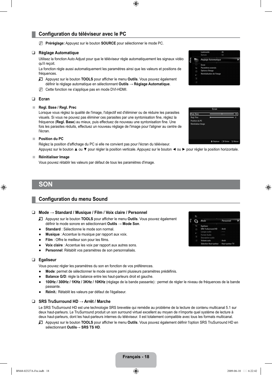 Configuration du téléviseur avec le pc, Configuration du menu sound, Français - 18 | Réglage automatique, Ecran, Egaliseur, Srs trusurround hd → arrêt / marche | Samsung LE40B750U1P User Manual | Page 174 / 302
