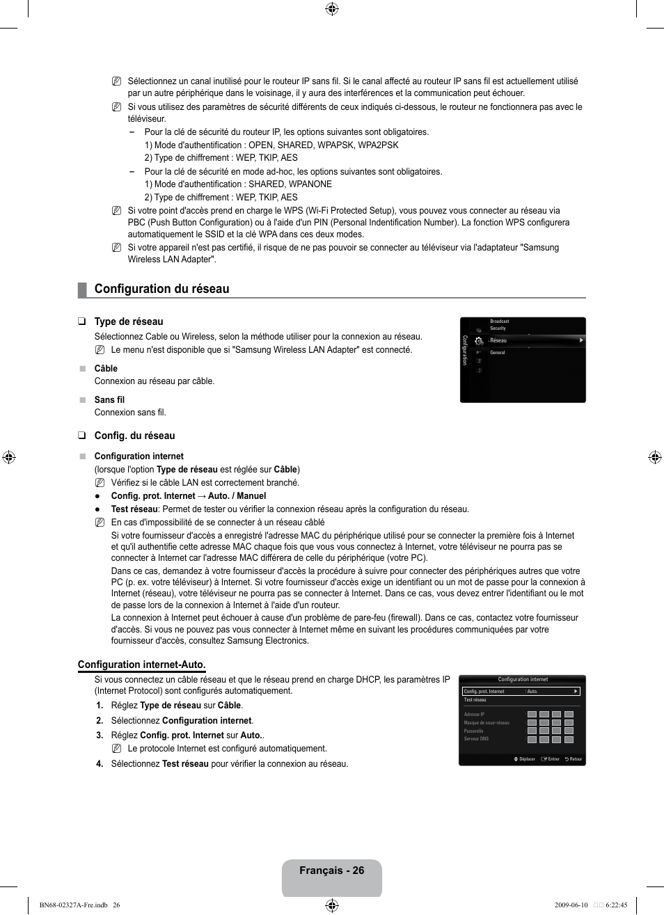 Configuration du réseau, Français - 26, Type de réseau | Config. du réseau, Configuration internet-auto | Samsung LE40B750U1P User Manual | Page 182 / 302