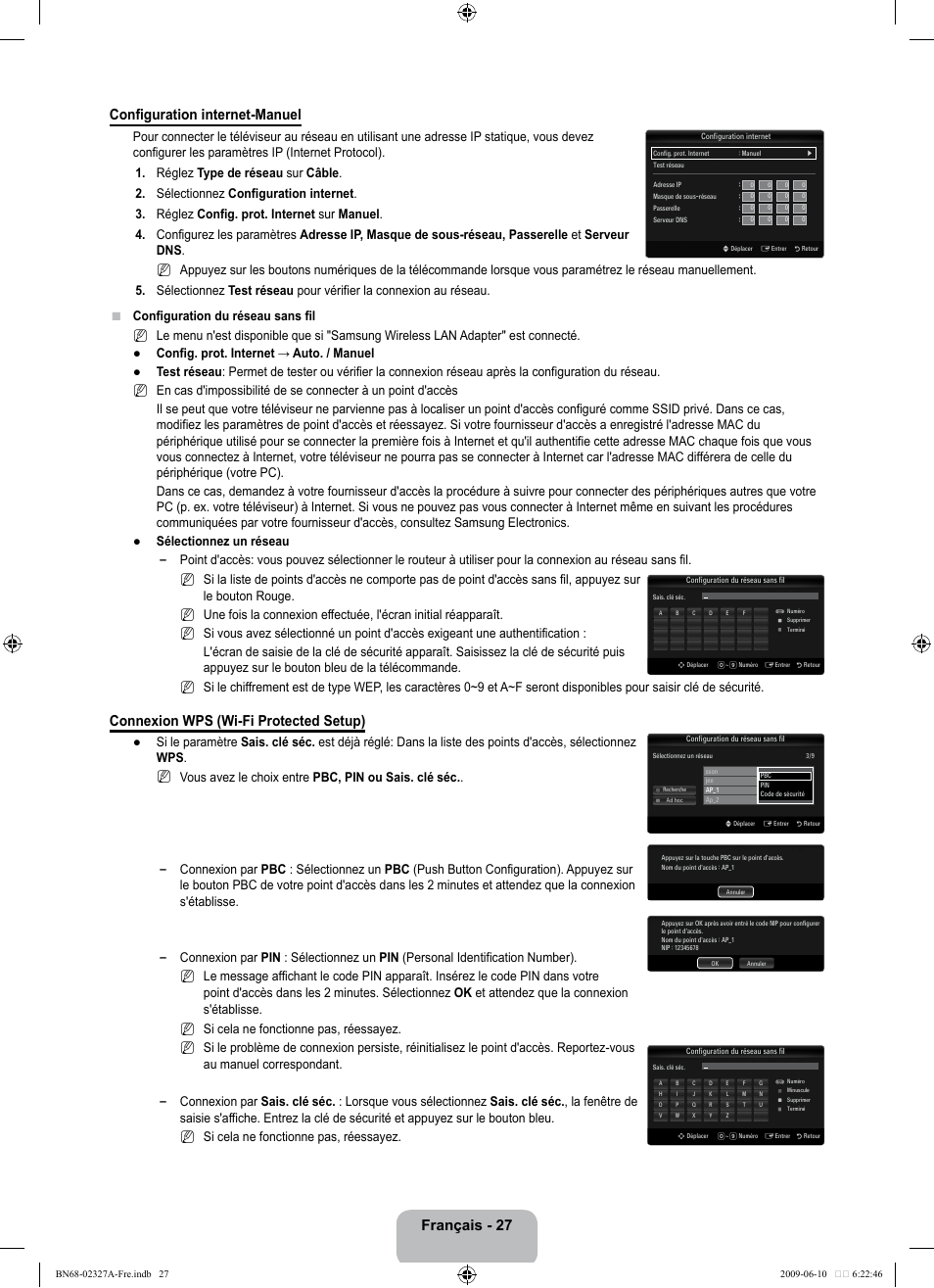 Français - 27 configuration internet-manuel, Connexion wps (wi-fi protected setup) | Samsung LE40B750U1P User Manual | Page 183 / 302