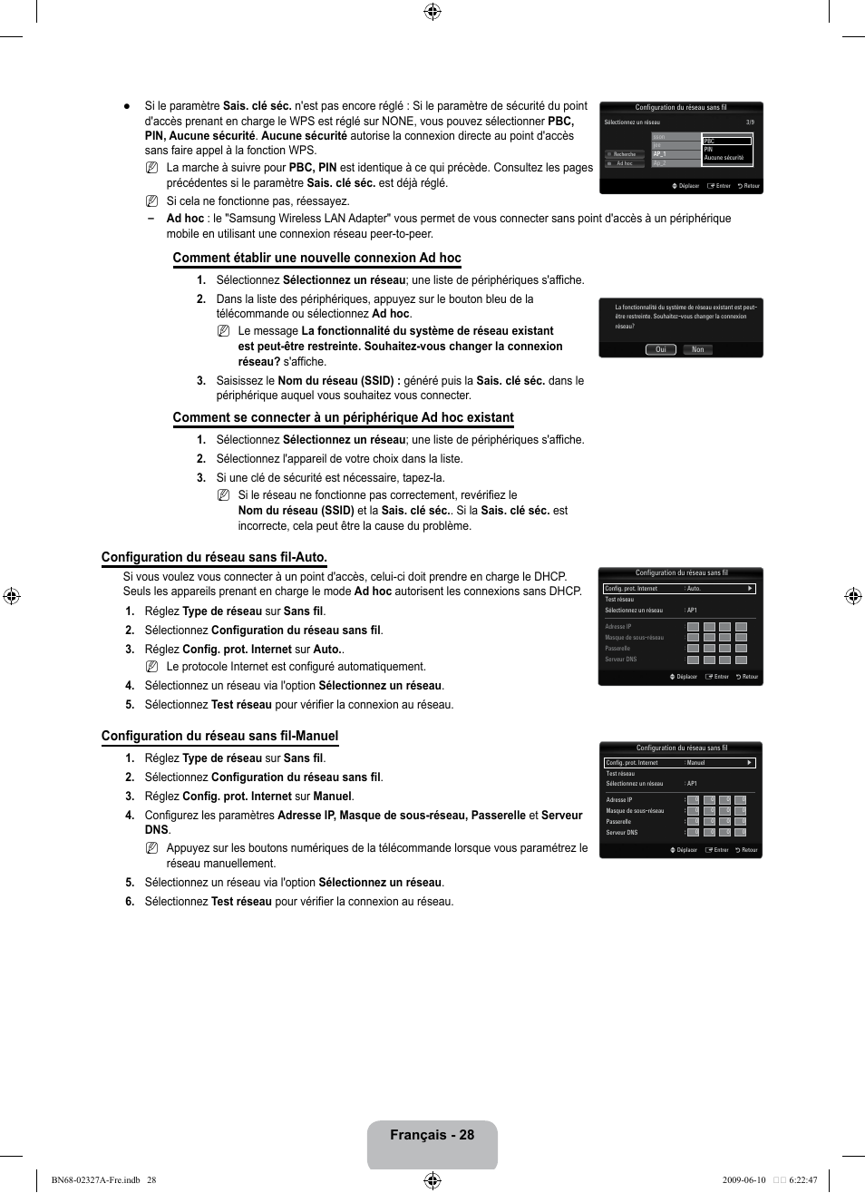 Français - 28, Comment établir une nouvelle connexion ad hoc, Configuration du réseau sans fil-auto | Configuration du réseau sans fil-manuel | Samsung LE40B750U1P User Manual | Page 184 / 302
