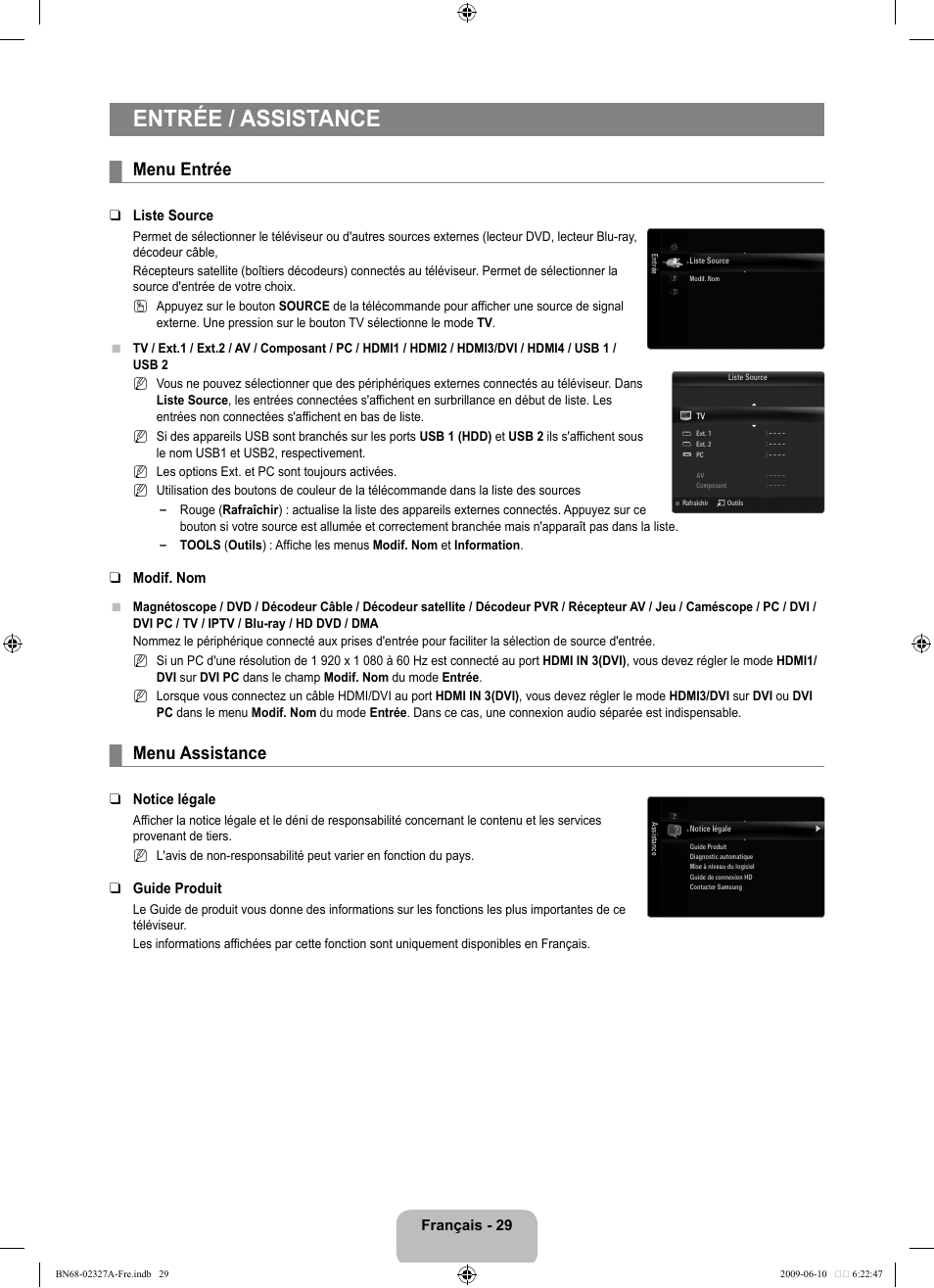 Entrée / assistance, Menu entrée, Menu assistance | Samsung LE40B750U1P User Manual | Page 185 / 302