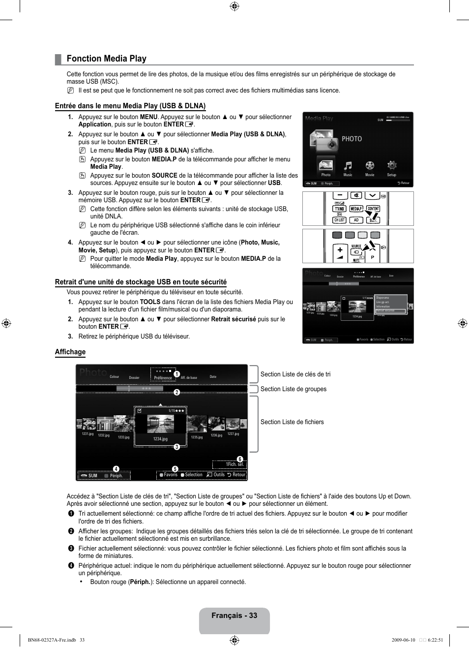 Fonction media play, Français - 33, Entrée dans le menu media play (usb & dlna) | Affichage, Photo | Samsung LE40B750U1P User Manual | Page 189 / 302