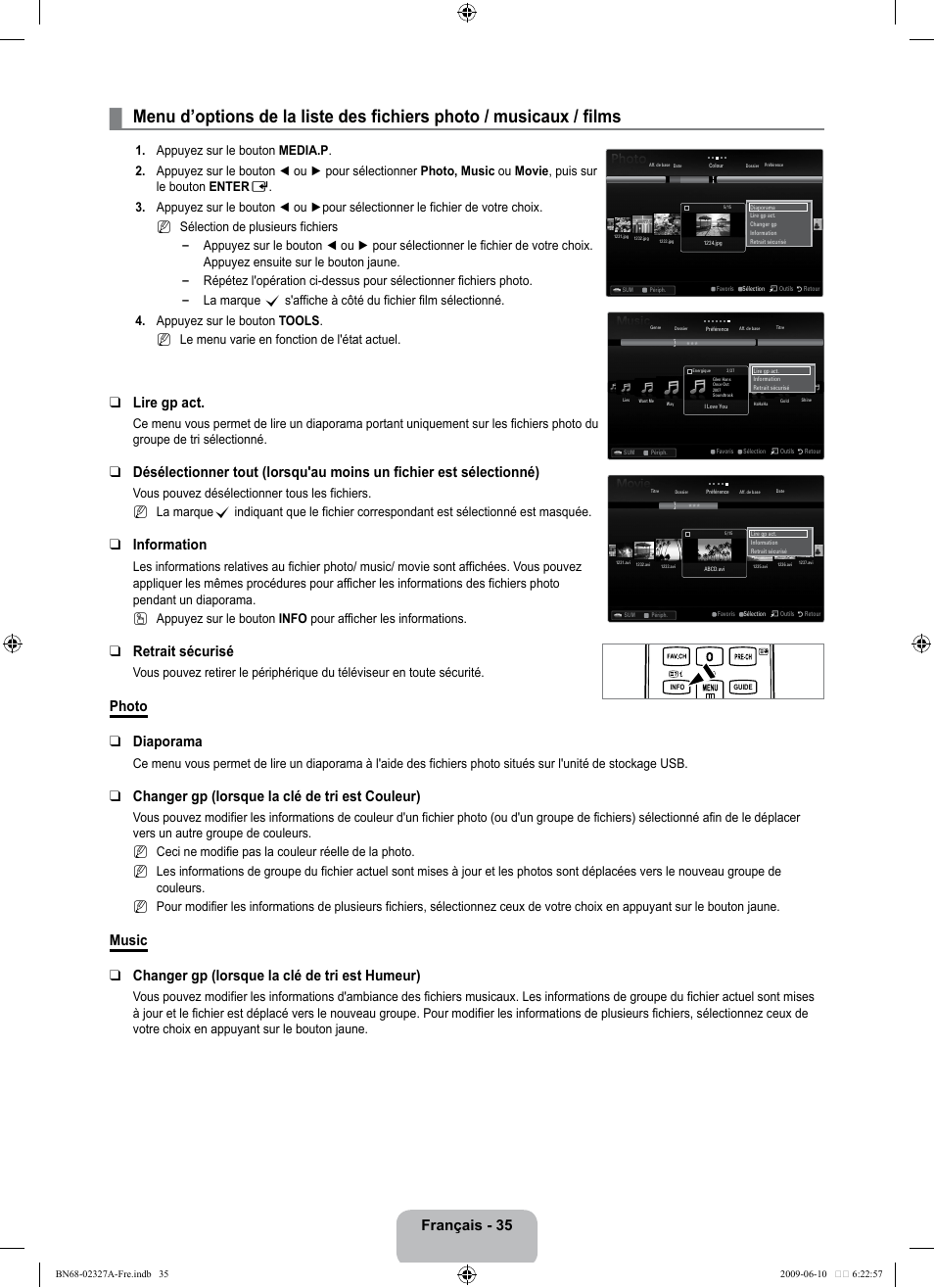Français - 35, Lire gp act, Information | Retrait sécurisé, Photo diaporama, Changer gp (lorsque la clé de tri est couleur), N   n, N n n | Samsung LE40B750U1P User Manual | Page 191 / 302
