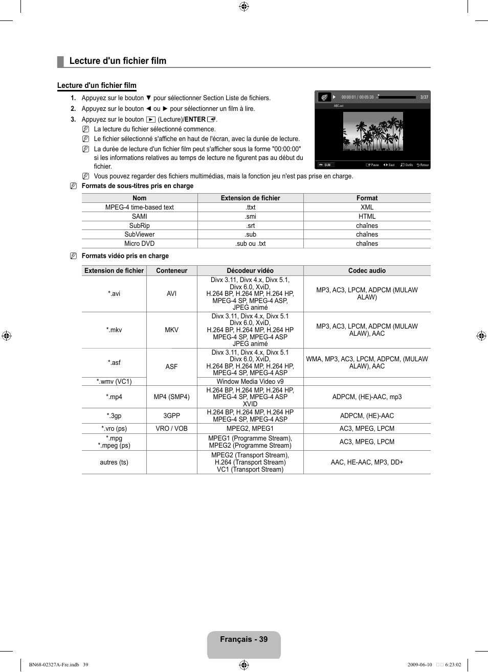 Lecture d'un fichier film | Samsung LE40B750U1P User Manual | Page 195 / 302