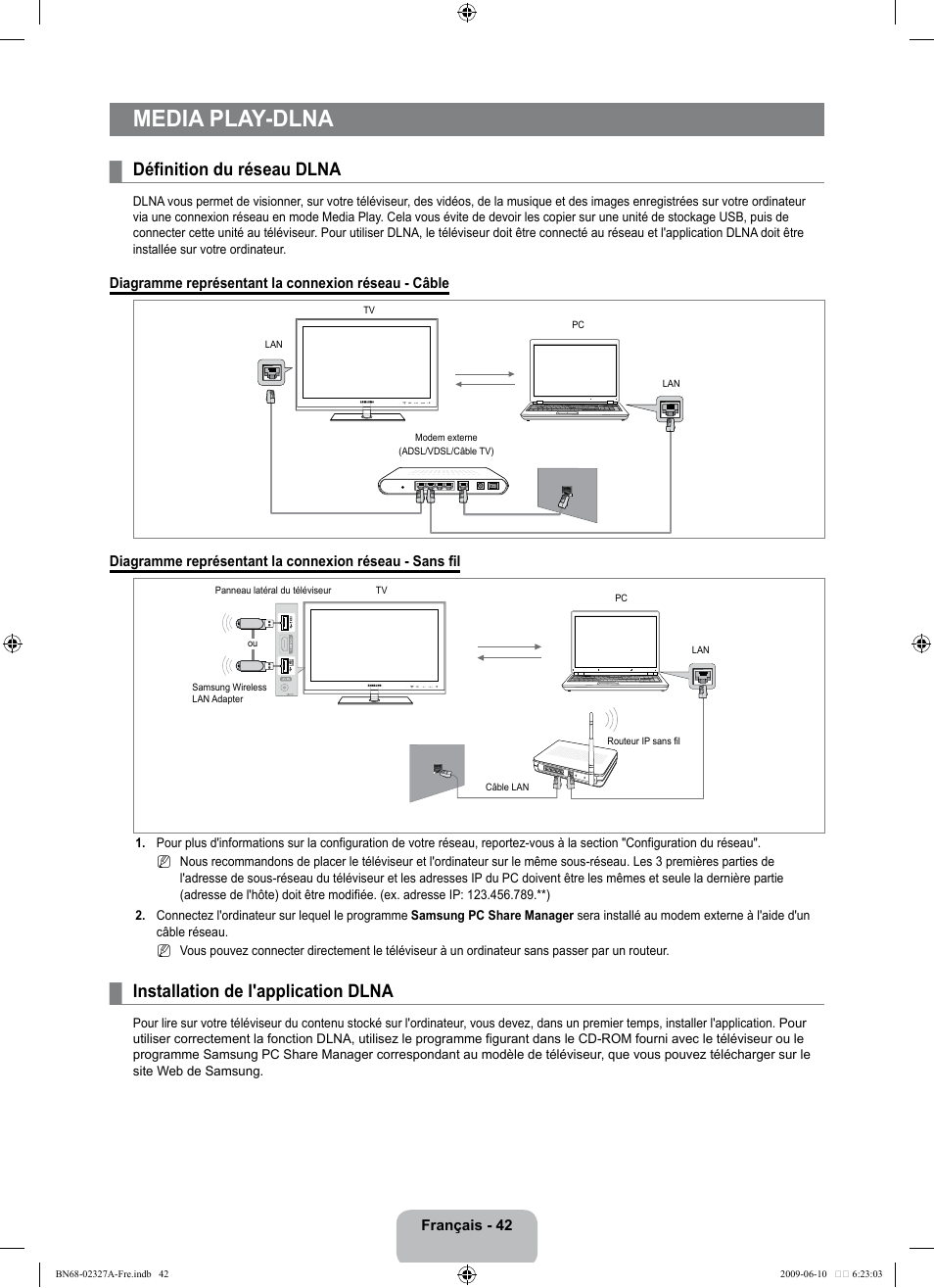 Media play-dlna, Définition du réseau dlna, Installation de l'application dlna | Samsung LE40B750U1P User Manual | Page 198 / 302