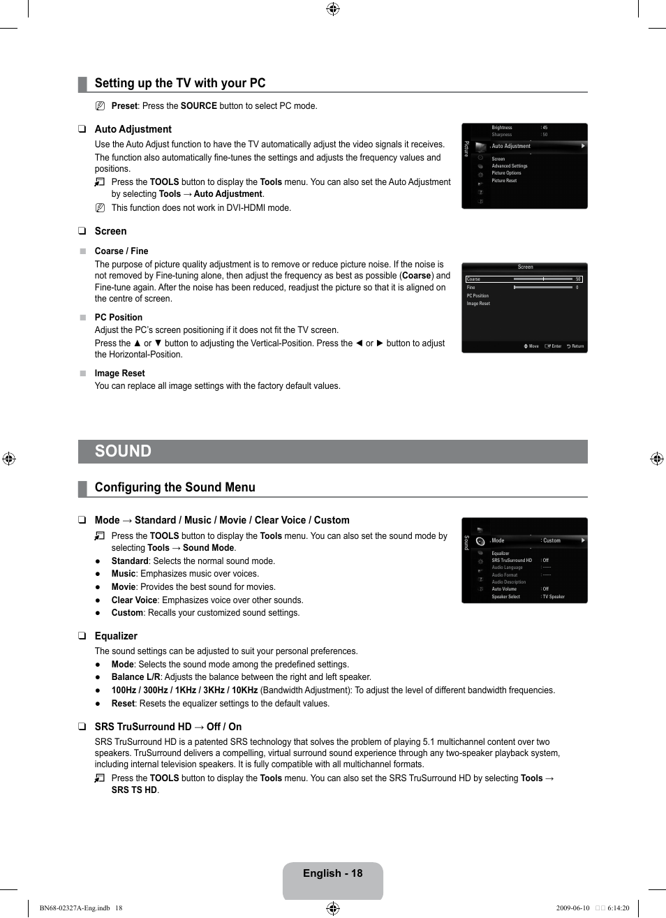 Sound, Configuring the sound menu, Setting up the tv with your pc | English - 18, Auto adjustment, Screen, Equalizer, Srs trusurround hd → off / on | Samsung LE40B750U1P User Manual | Page 20 / 302