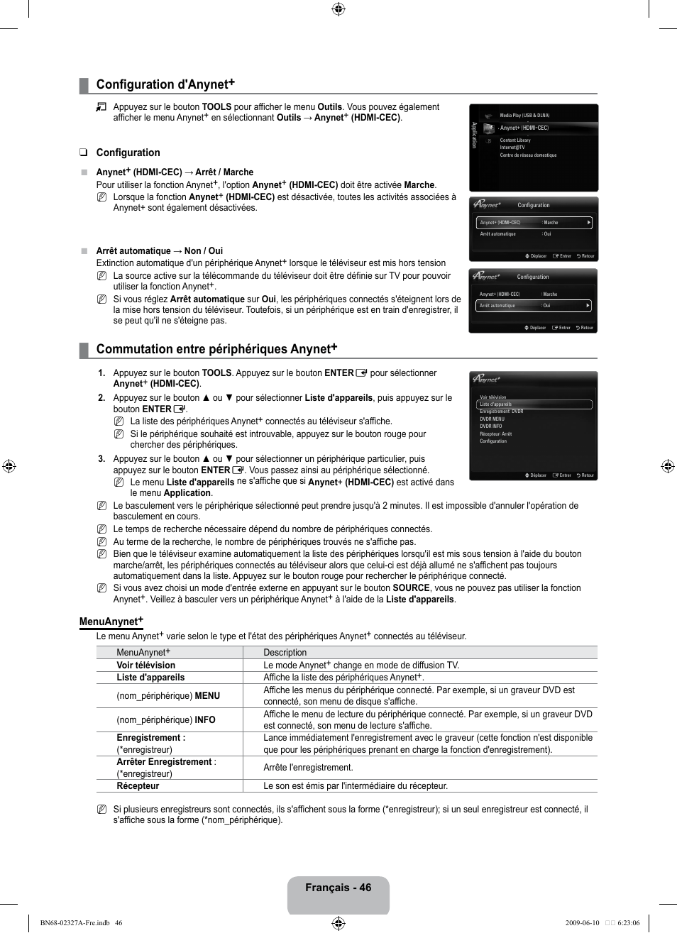 Configuration d'anynet, Commutation entre périphériques anynet | Samsung LE40B750U1P User Manual | Page 202 / 302