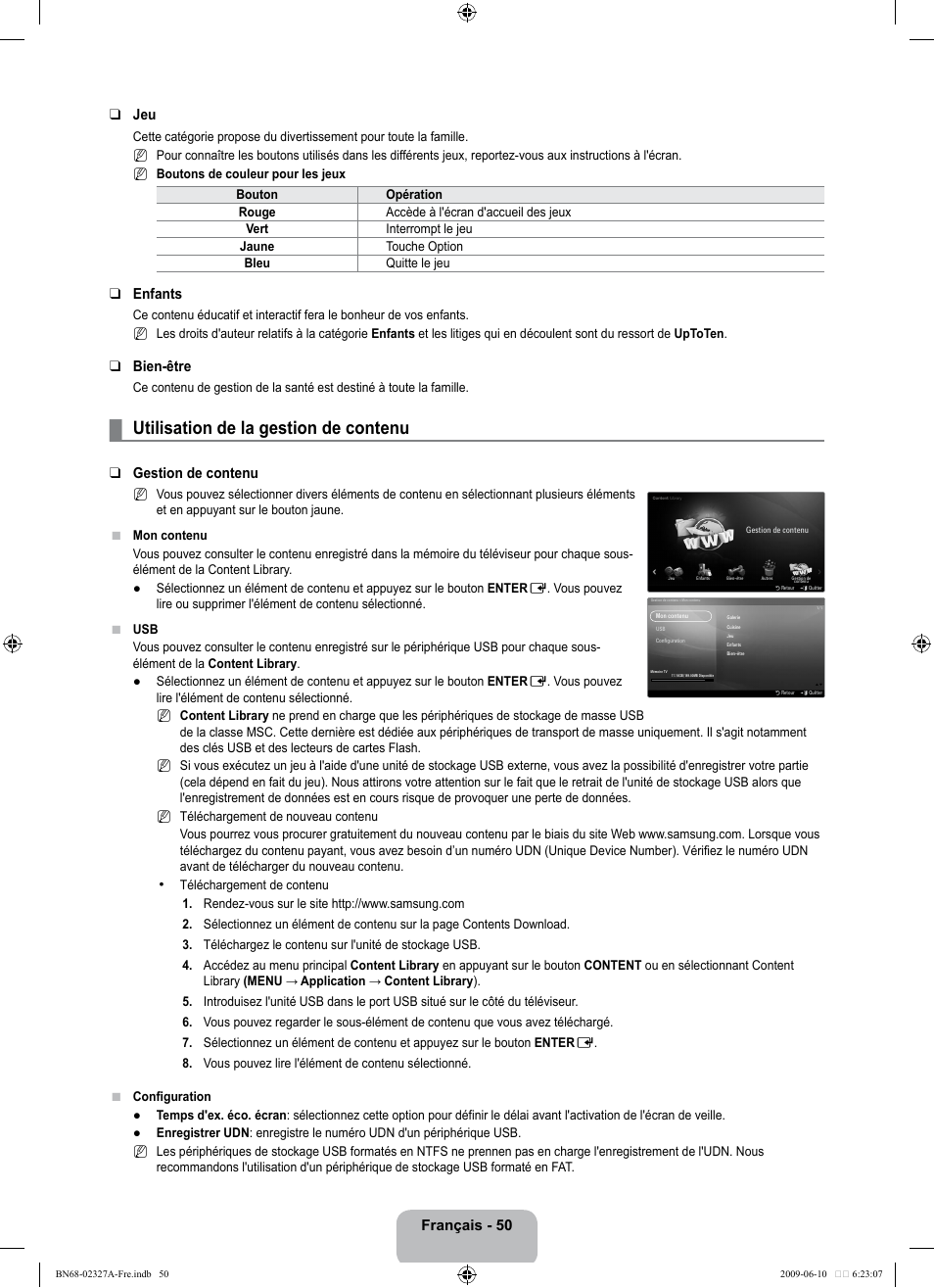 Utilisation de la gestion de contenu, Français - 50 jeu, Enfants | Bien-être, Gestion de contenu | Samsung LE40B750U1P User Manual | Page 206 / 302