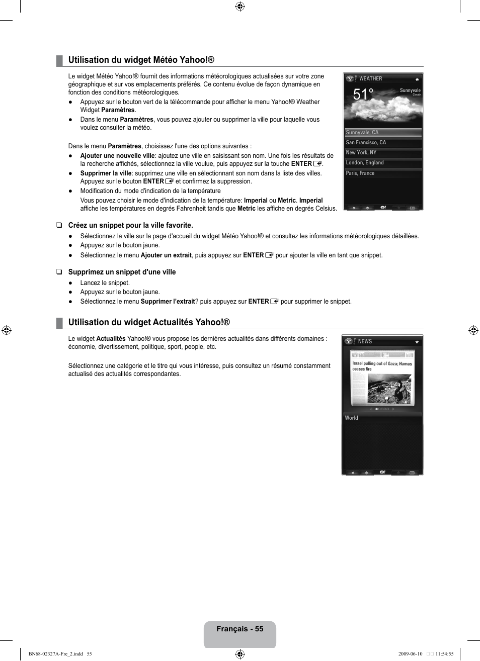 Utilisation du widget météo yahoo, Utilisation du widget actualités yahoo | Samsung LE40B750U1P User Manual | Page 211 / 302