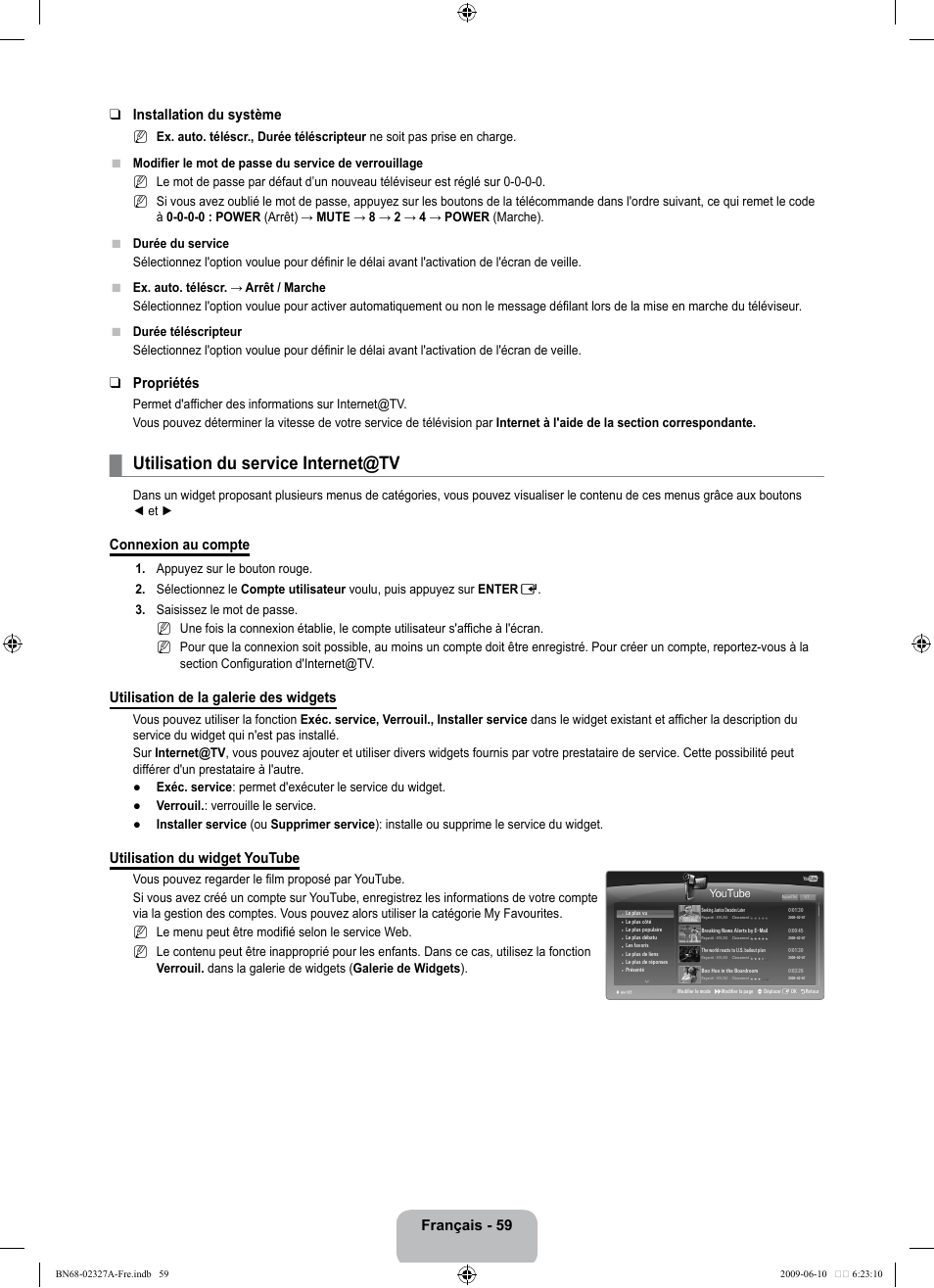 Utilisation du service internet@tv, Français - 59 installation du système, Propriétés | Connexion au compte, Utilisation de la galerie des widgets, Utilisation du widget youtube | Samsung LE40B750U1P User Manual | Page 215 / 302