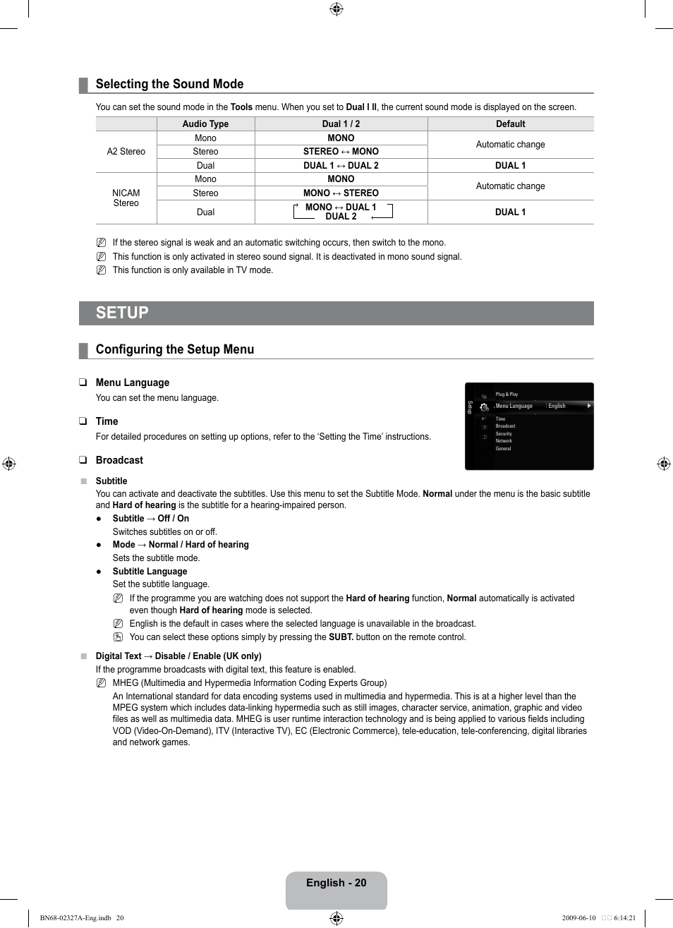 Selecting the sound mode, Setup, Configuring the setup menu | Samsung LE40B750U1P User Manual | Page 22 / 302