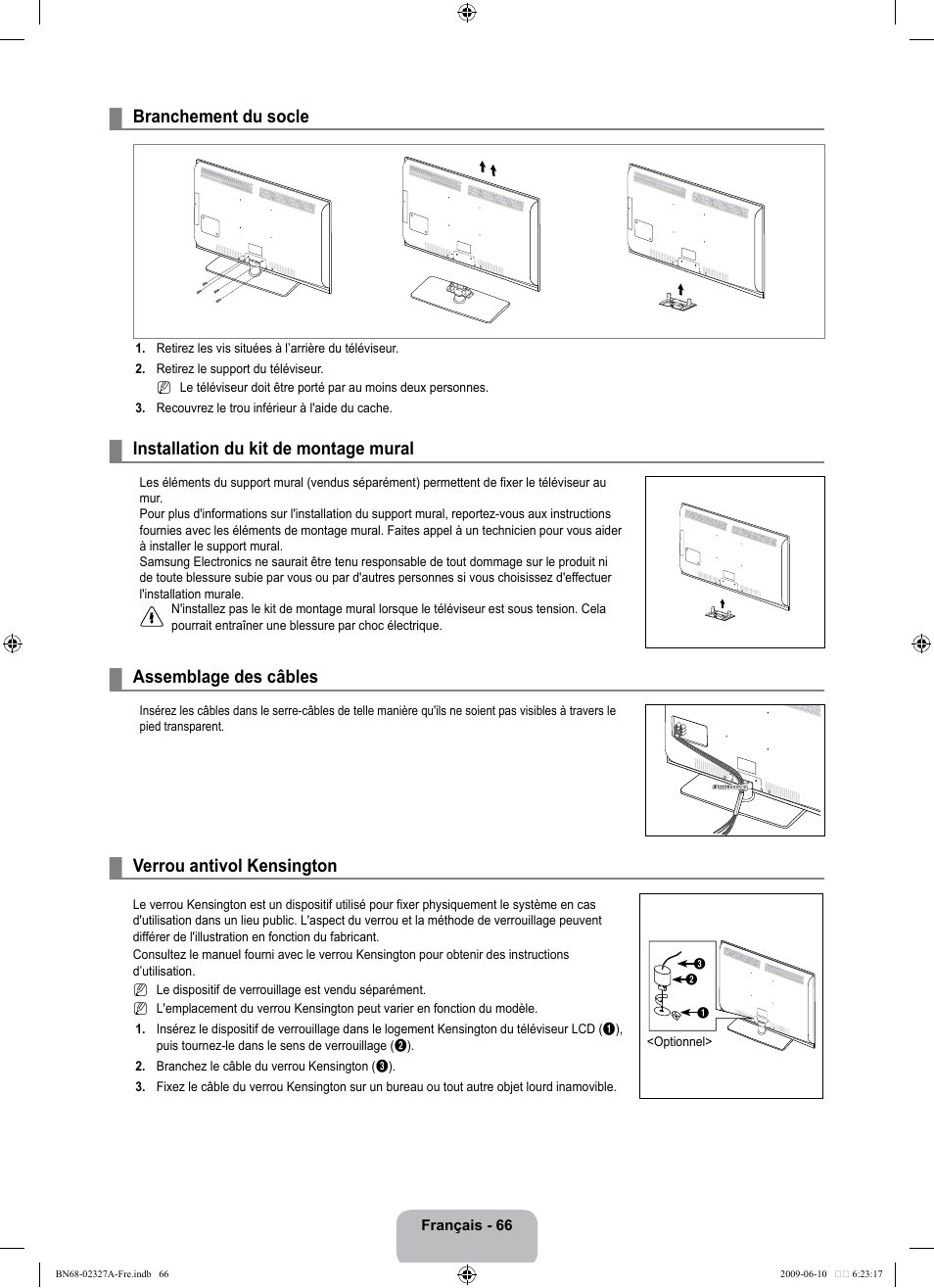 Branchement du socle, Installation du kit de montage mural, Assemblage des câbles | Verrou antivol kensington | Samsung LE40B750U1P User Manual | Page 222 / 302