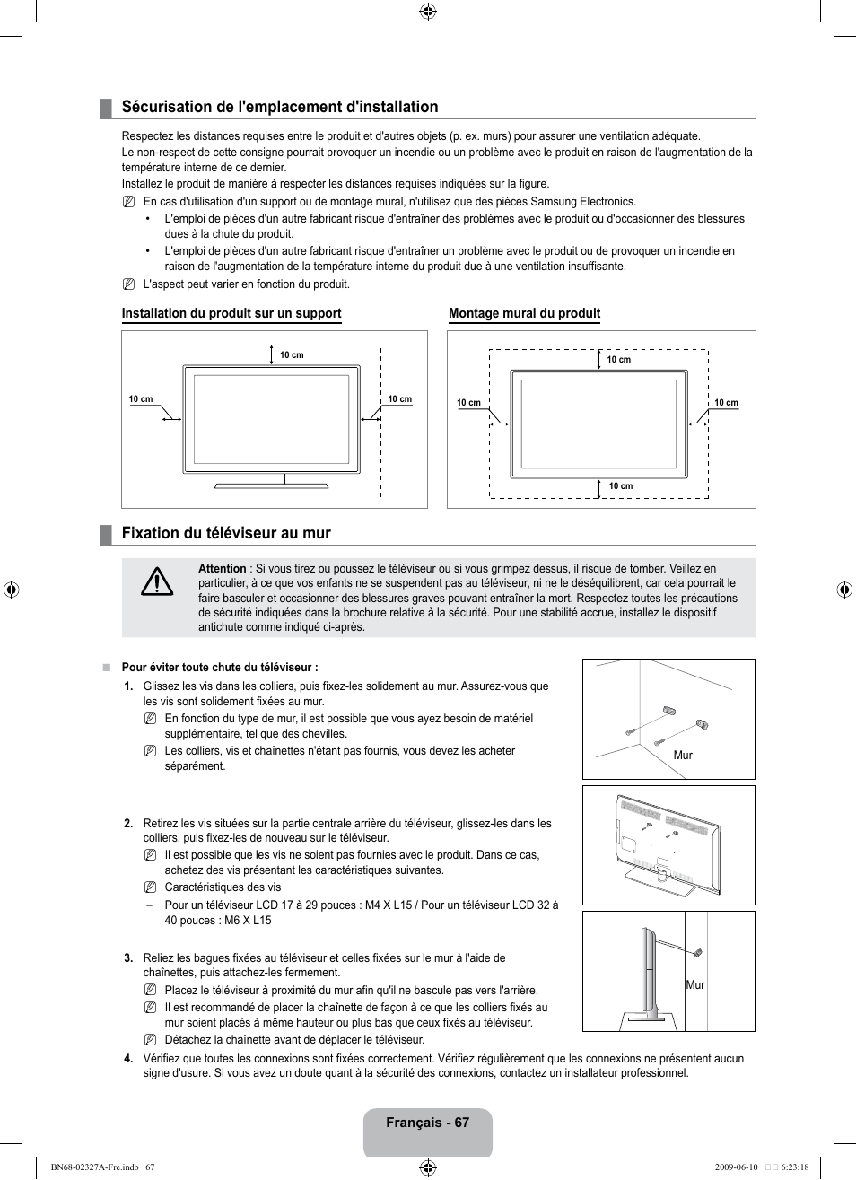 Sécurisation de l'emplacement d'installation, Fixation du téléviseur au mur | Samsung LE40B750U1P User Manual | Page 223 / 302