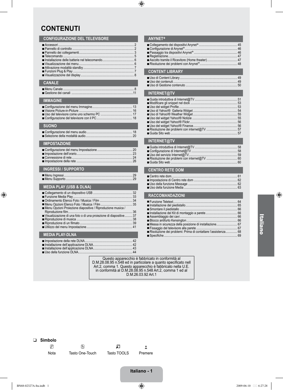 Contenuti, Italiano | Samsung LE40B750U1P User Manual | Page 227 / 302