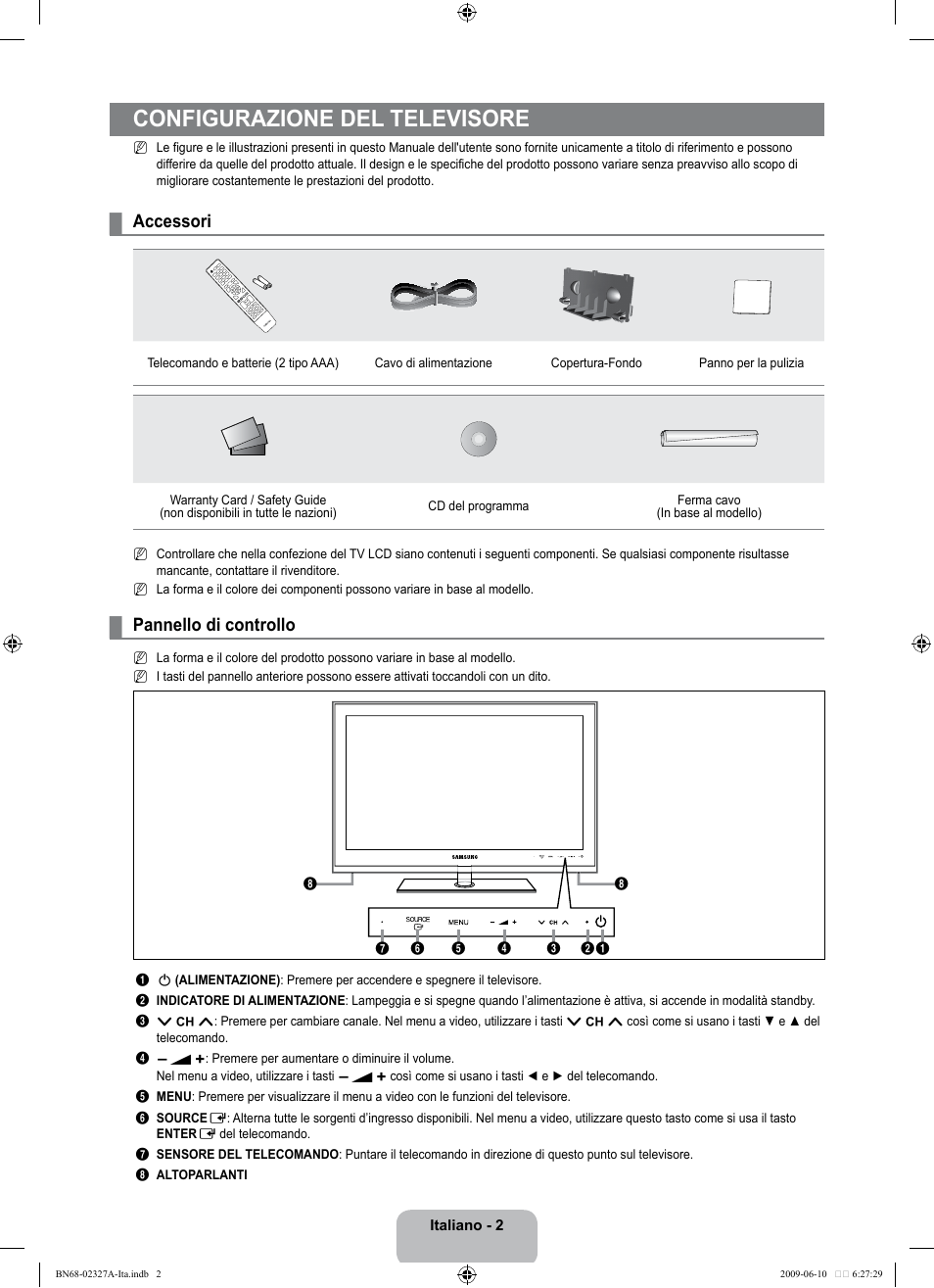 Configurazione del televisore, Accessori, Pannello di controllo | Samsung LE40B750U1P User Manual | Page 228 / 302