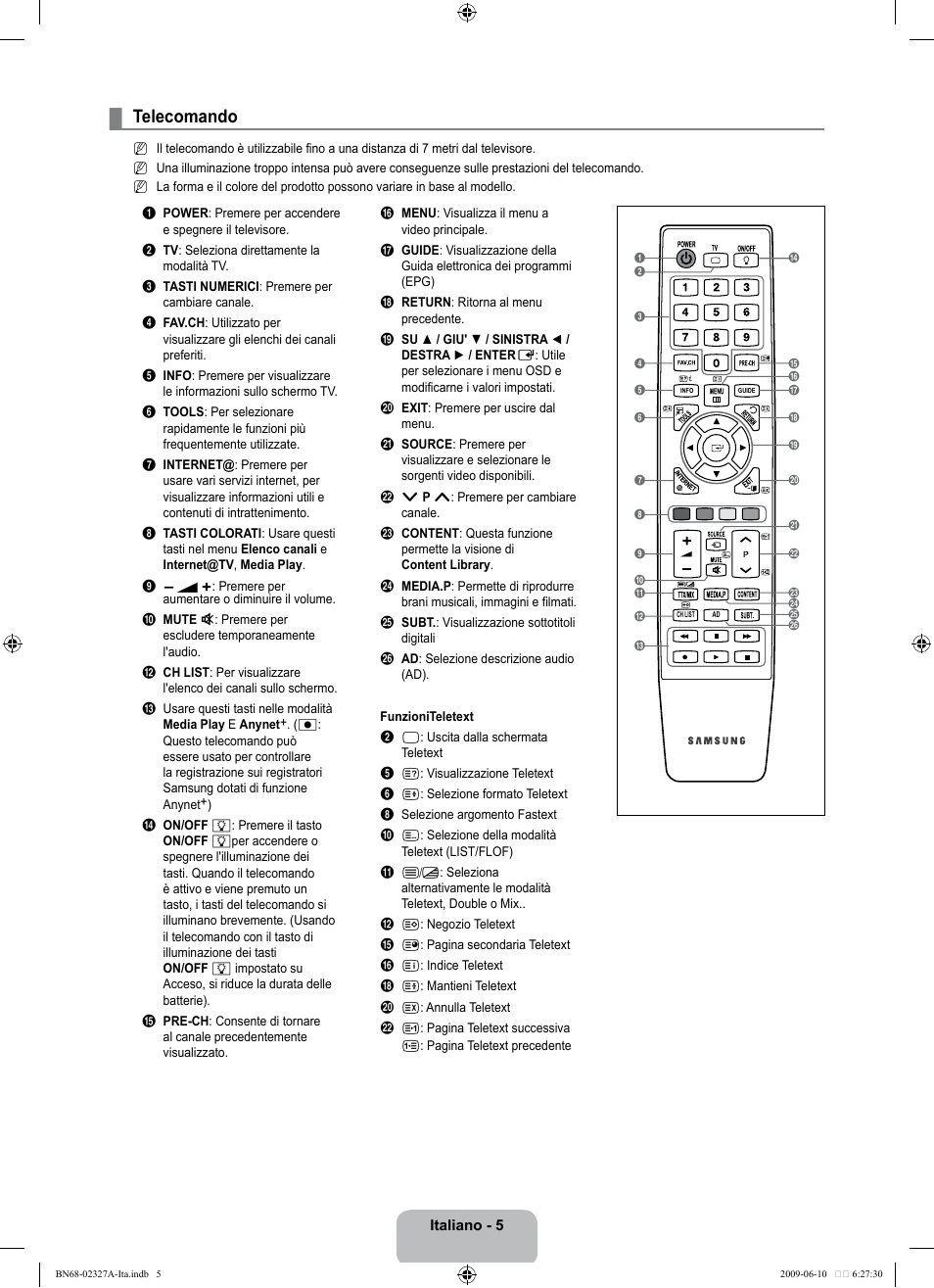 Telecomando | Samsung LE40B750U1P User Manual | Page 231 / 302